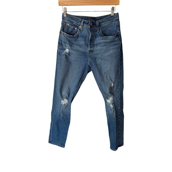 Levi’s 501 Blue Denim Straight Leg Distressed Jeans Button Fly Women's‎ 27/28 - Picture 1 of 11